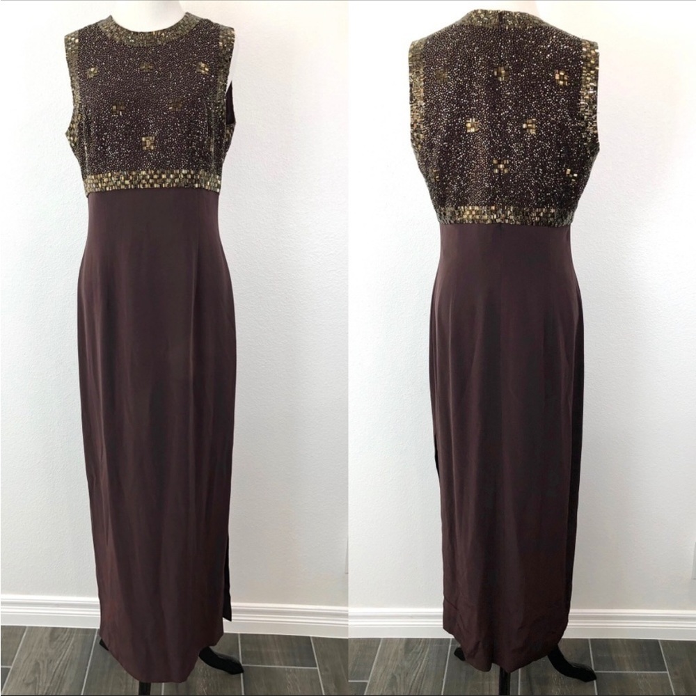 Vintage Oleg Cassini Black Tie Beaded Maxi Gown Dress - Picture 2 of 8